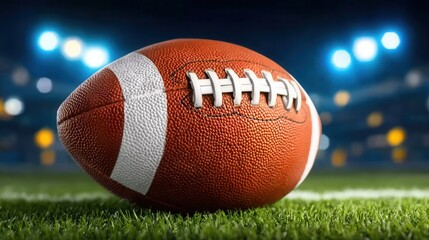 Fototapeta premium Experience the thrill of the game with this rugged American football on vibrant green grass under stadium lights. Perfect for sports excitement!