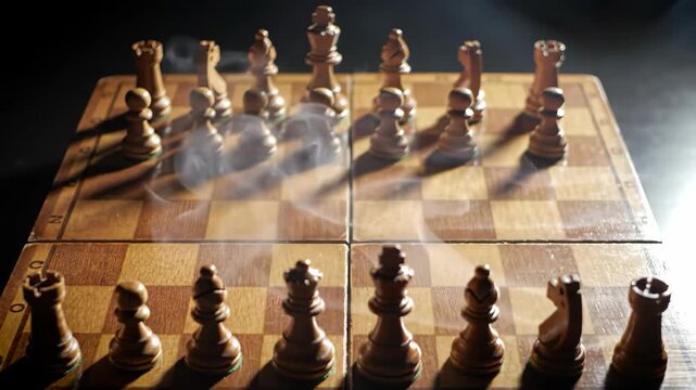 Chess pieces on chessboard with smoke, strategy game, king, pawn, rook, and wood.