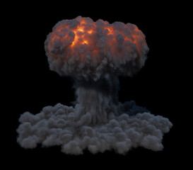 Isolated large mushroom-shaped cloud with a glowing fiery core of a Nuke explosion with ring of smoke spreading outwards on a black background