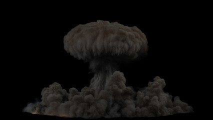 Isolated huge mushroom cloud from a nuclear explosion rising up and spreading outwards on a black background