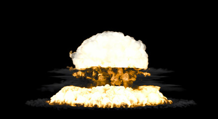 Isolated large bright nuclear explosion with mushroom-like cloud rising up and intense fire and smoke spreading outwards on a black background