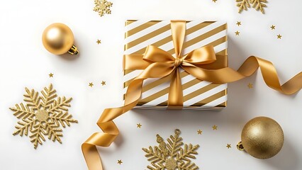 Elegant gold gift box with festive ornaments and snowflakes on white background