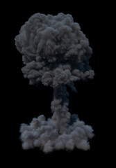 Isolated large dark and dense smoke plume of a nuke explosion spreading outwards and rising up from a central point on a black background