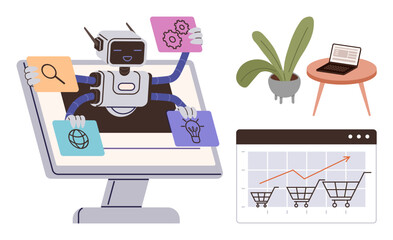 AI robot multitasking with icons for search, idea, settings, and globe on monitor. Laptop, plant, and sales growth chart with shopping carts. Ideal for ecommerce, productivity automation