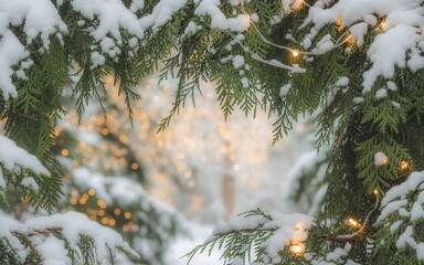 Snow-Dusted Christmas Tree Branches with Sparkling Lights