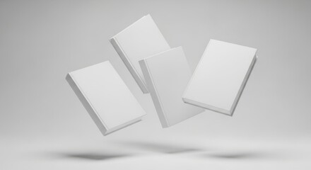 Four blank white books floating in a light grey studio setting.