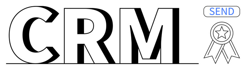 Customer relationship tools, business communication, service quality, marketing strategies, data management, digital tools. CRM text with a messaging icon and an award symbol. Customer relationship