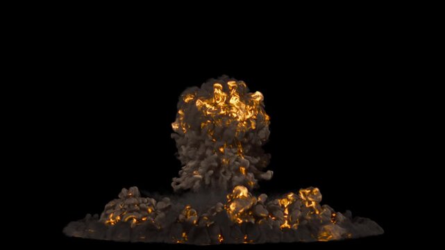 Isolated Huge Nuke Blast from the ground with high and large smoke cloud rising up straight and spreading outwards on a black background