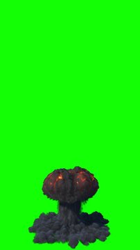 Isolated Nuke Explosion from the ground with a high plume rising up straight on an uniform green background