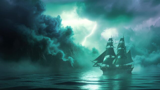 Emerald storm over dark ocean, ancient three-masted ship silhouetted by lightning, green clouds casting eerie glow, dense mist hugging water, churning waves