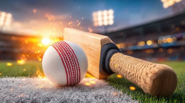 Intense cricket match action with ball and bat ready for a powerful hit, capturing the excitement and energy of the sport on the field in the stadium lights