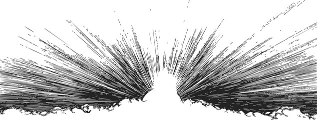 Sunrise sketch hand drawn sunburst rays over horizon in black and white. Vector illustration