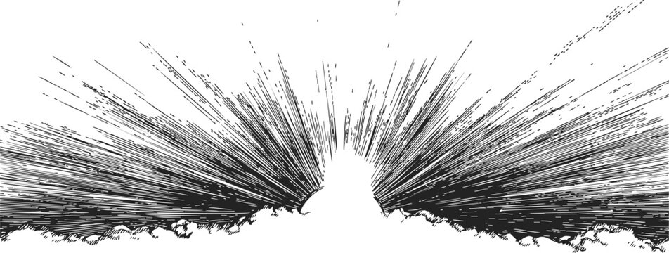 Sunrise sketch hand drawn sunburst rays over horizon in black and white. Vector illustration