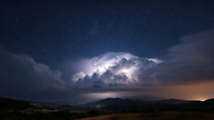 Fototapeta premium A dramatic thunderstorm with lightning flashes illuminates towering storm clouds against a starry night sky over a dark mountain landscape