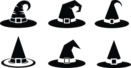 Black Silhouette Witch Hats Set Vector Illustration, Illustrating Halloween Costume, Magic, Sorcery, Spooky Decoration, Wizard Accessory, and Mysterious Party Concept Graphic