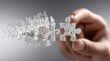 Hand placing a textured puzzle piece in an abstract formation of small human figures, symbolizing recruitment, teamwork, integration, and completing a professional organization or solution