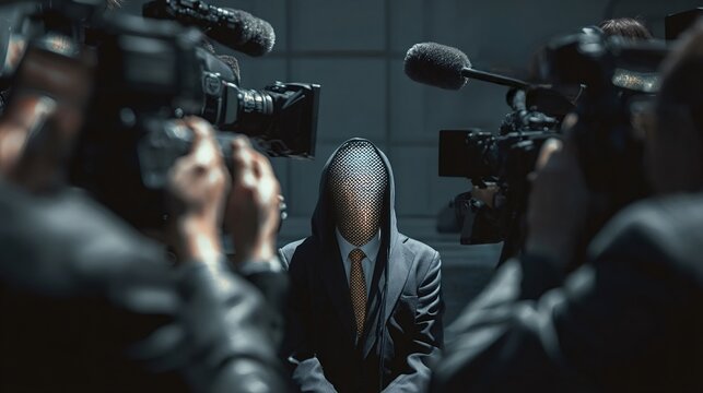 Anonymous person wearing a hoodie with a pixelated face mask speaking to a semicircle of media reporters and videographers capturing the moment, representing concepts of privacy and whistleblowing