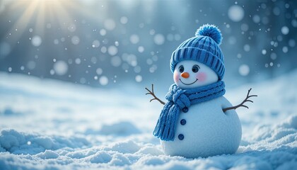 Adorable snowman warmly dressed in blue hat and scarf cheerfully celebrates the winter snowfall season, radiating festive joy and charm in a snow-covered landscape