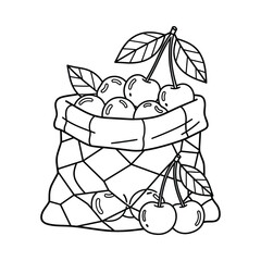 Hand drawn sketch of a bag full of ripe cherries with stems and leaves