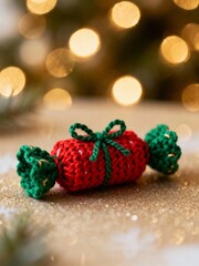 Cozy handmade Christmas candy ornament with festive bokeh lights background, perfect for seasonal promotions or holiday crafts, warm and inviting scene
