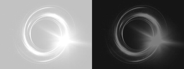Abstract glowing ring overlay with light flare on transparent background for digital design, Bright white light flare with starburst effect on dark background, glowing sun flash with lens reflection