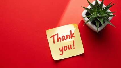 Thank you note on yellow paper with small plant on vibrant red surface flat lay copy space handwritten message of gratitude and appreciation