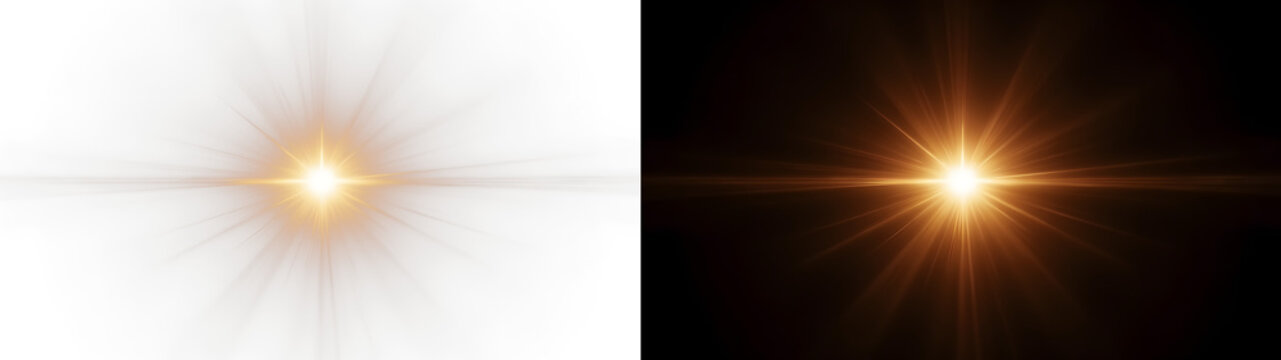 Warm golden starburst light flare effect isolated on transparent overlay PNG for magical designs with lens reflection, lens flare effect, Cinematic