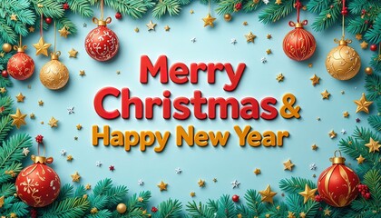 Spread Holiday Cheer with a Festive Merry Christmas and Happy New Year Greeting, Adorned with Ornaments and Evergreen Branches for a Joyful Celebration