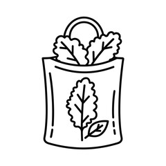 Hand drawn illustration of a reusable shopping bag filled with fresh leafy greens and a leaf symbol