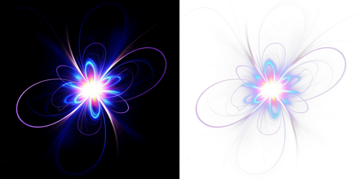 Abstract glowing neon light flowers in sci-fi style overlay with transparent PNG effect, 