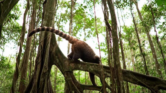 Coati climbs tree in jungle forest. Wildlife animal in nature, outdoors.  Coatimundi climbing on branch in forest. Exotic wildlife.