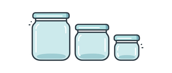Flat vector illustration glass storage containers with removable lids and tiny accent lines rounded forms zero contain