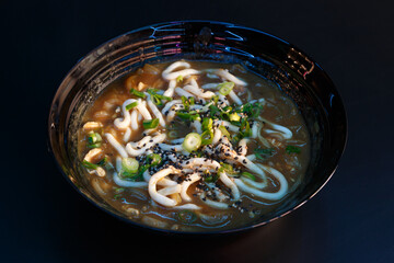 Udon au curry japonais avec poulet, carottes, oignons et graines de s&eacute;same