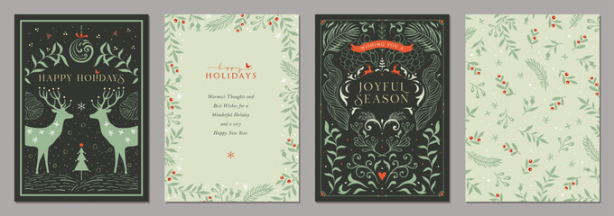 Obraz premium Winter Woodland Luxury Holiday cards. Christmas templates with decorative Christmas tree, ornate elements, reindeers, floral backgrounds and frames with copy space and greetings.