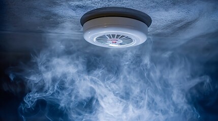 Smoke detector on a ceiling activating due to smoke, indicating a potential fire hazard and triggering an emergency alert system for home and building safety