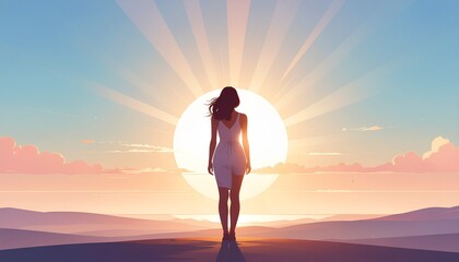 強い日差しの中に立つ人物のシルエット。後ろから照らす光が力強さと前向きな印象を与え、目標、希望、未来、挑戦、成功イメージとして広告、プレゼン、ポスターなどに使いやすいシンプルなビジュアル。