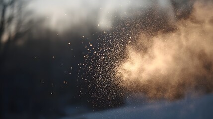 Golden particles of snow or dust illuminated by soft warm light in a blurred winter forest