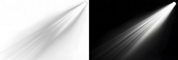 Glowing spotlight overlay in a dark background, Isolated light beam effect as transparent overlay PNG with spotlight style, for cinematic presentation