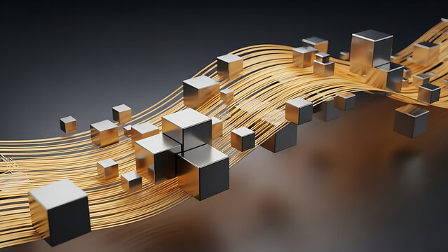 Abstract metallic cubes with flowing golden data lines network
