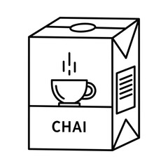 Hand drawn line art illustration of a chai tea carton with a steaming cup
