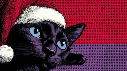 A beautiful, bright pop art poster featuring a black cat in a Santa hat