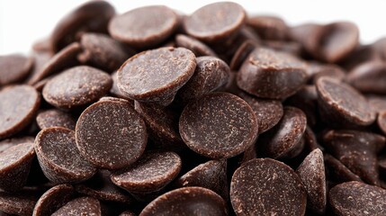 A pile of chocolate drops isolated on a white background, close up 