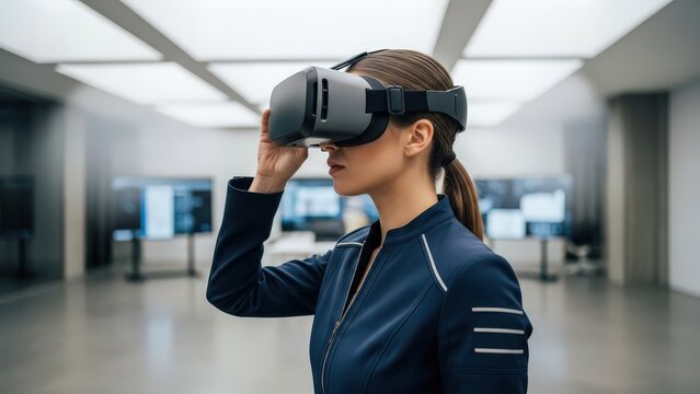 Young woman wearing virtual reality headset, experiencing immersive digital world in a sleek modern technology center