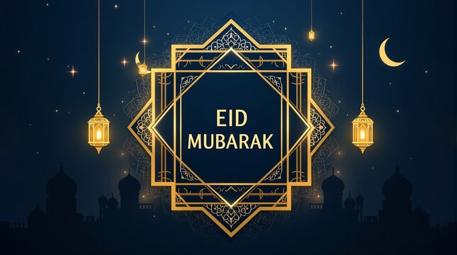 Eid mubarak greeting card design with golden frame, lanterns and crescent moon vector illustration