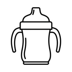 Simple line art illustration of a baby sippy cup with handles