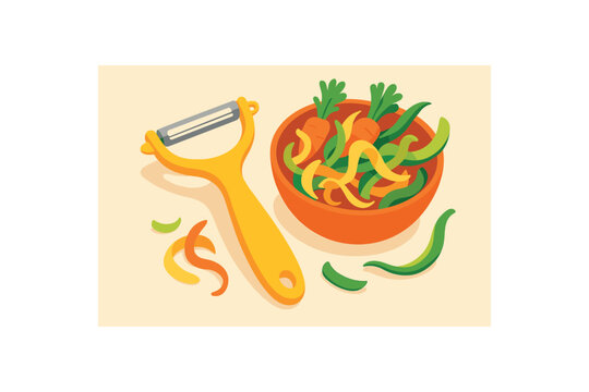 Flat vector illustration of bright vegetable peeler and scraps bowl for stock making vivid accents rounded shapes
