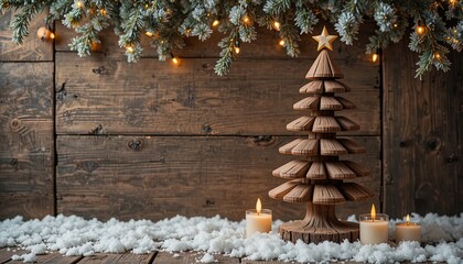 Rustic Christmas charm with wooden tree, twinkling lights, and cozy candles creating a warm holiday scene, perfect for seasonal greetings and festive projects
