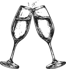 Champagne glasses sketch hand drawn clinking in celebratory toast. Vector illustration