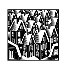Landscape of the neighborhoods of the city, the houses of the suburbs residential area. A number of low-rise buildings of the village. Outline vector illustration	