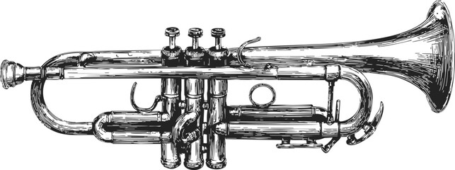 Trumpet sketch hand drawn detailed brass musical instrument side view. Vector illustration